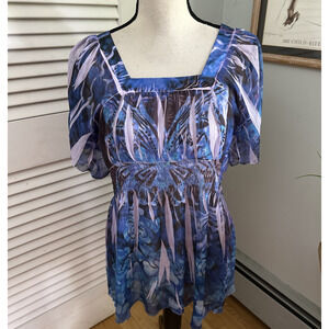 One World Top Womens XL Blue Chiffon Retro Y2K Smocked Forest Fairy Grunge Girl